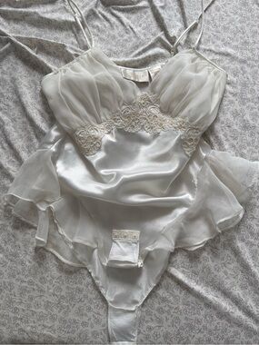 Victoria's Secret White Satin & Sheer Lace Chemise Bodysuit